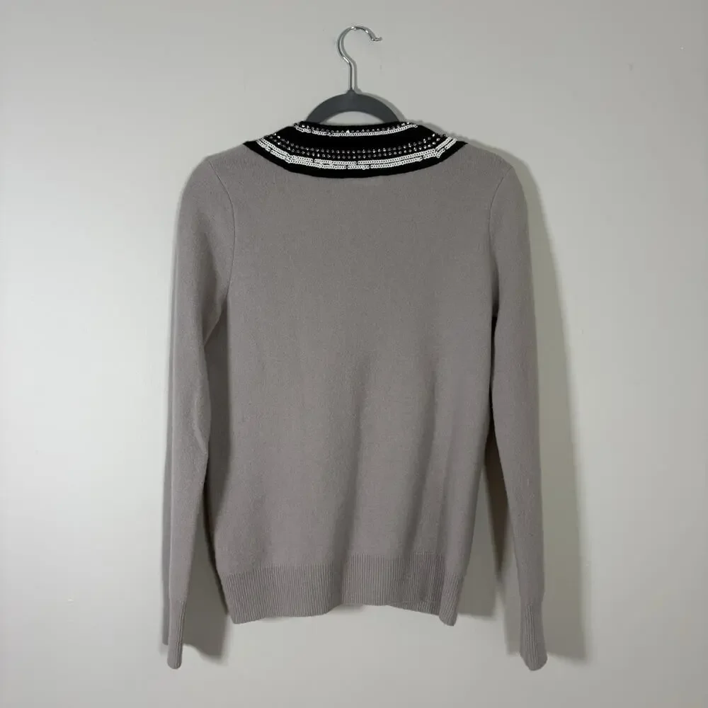 Tory Burch Gray Merino Wool Embellished Sequin V-Neck Sweater Size S/P Preppy